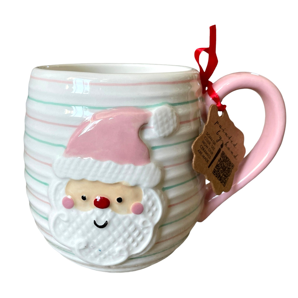 LANG Hand Painted SANTA Mug With Pink And Green Stripes Holiday Classic NEW